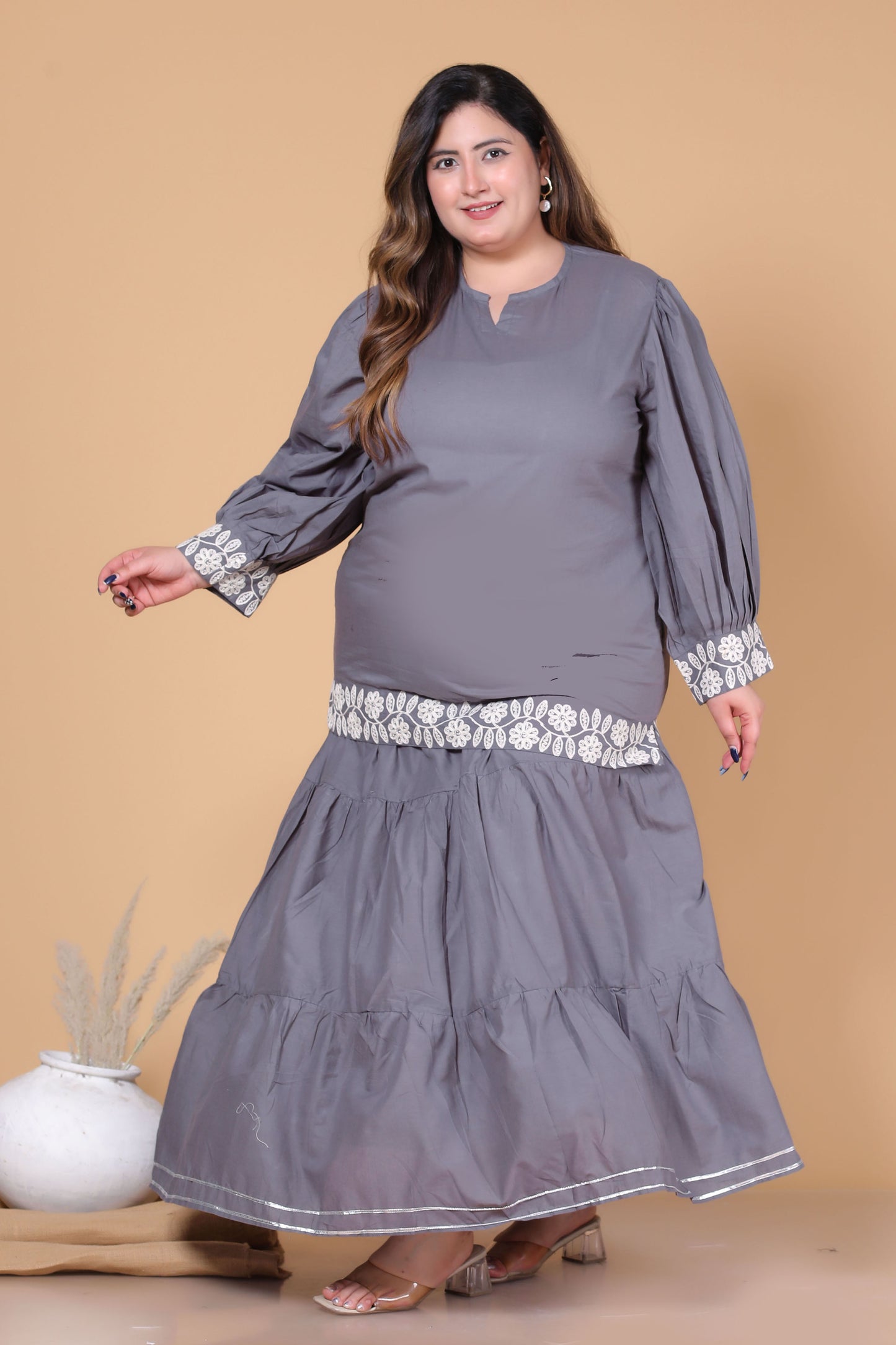 SOLID GOTTA DETAILING SKIRT IN ASH GREY BY PLUSSIZEKURTI