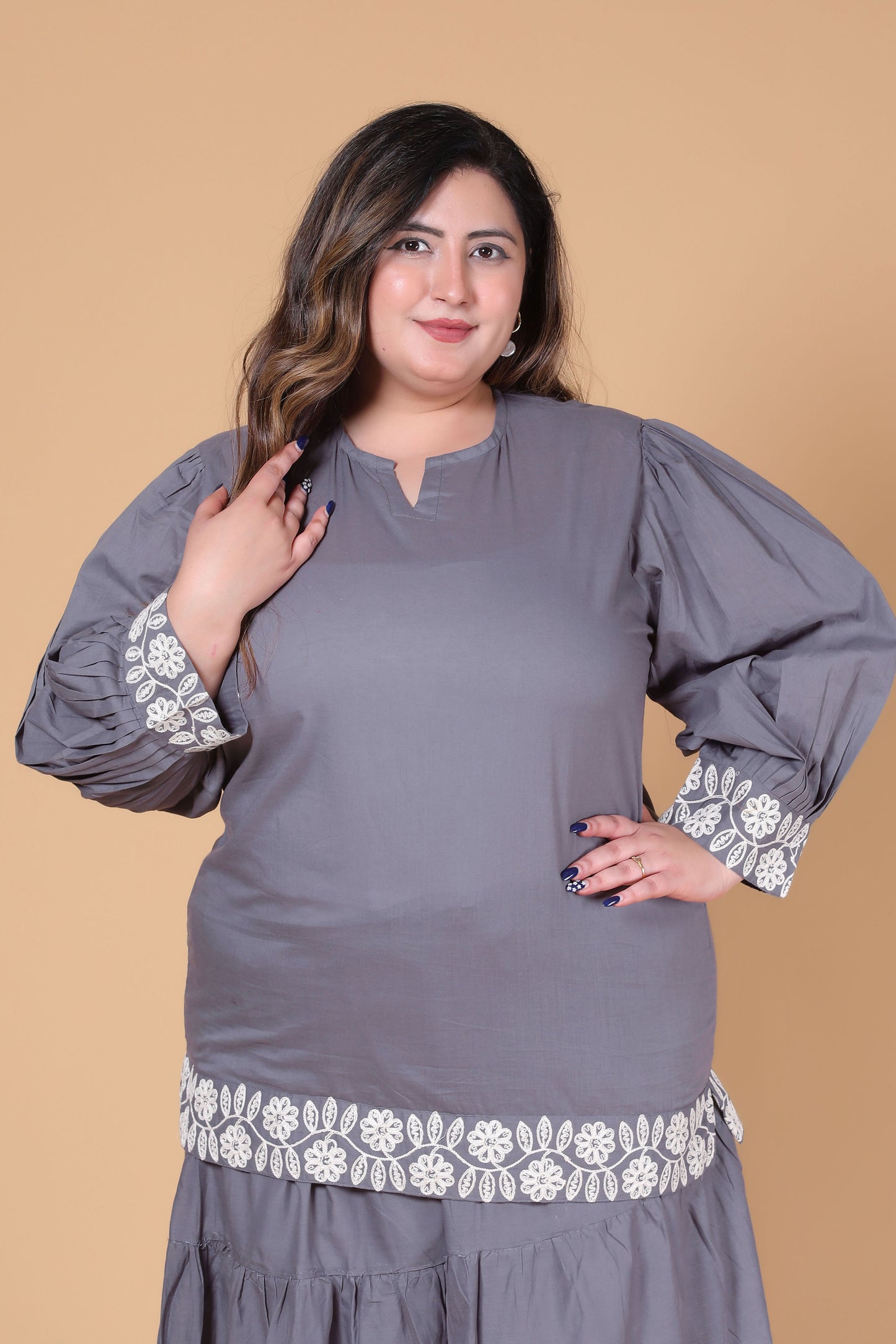SOLID BLOOM EMBROIDERY COTTON TOP IN GREY COLOUR BY PLUSSIZEKURTI