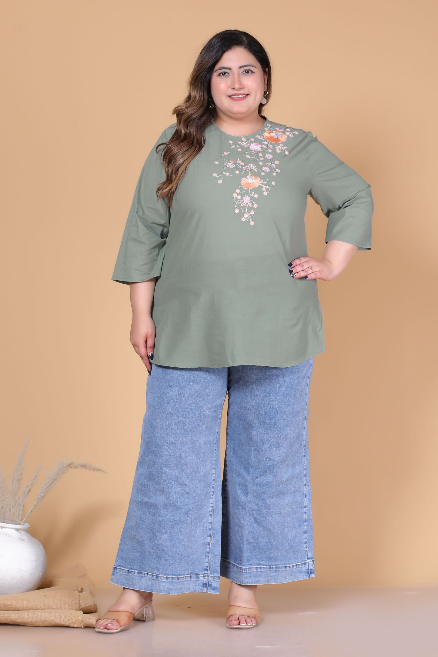 SOLID FLORAL COTTON TOP IN SAGE GREEN COLOUR BY PLUSSIZEKURTI