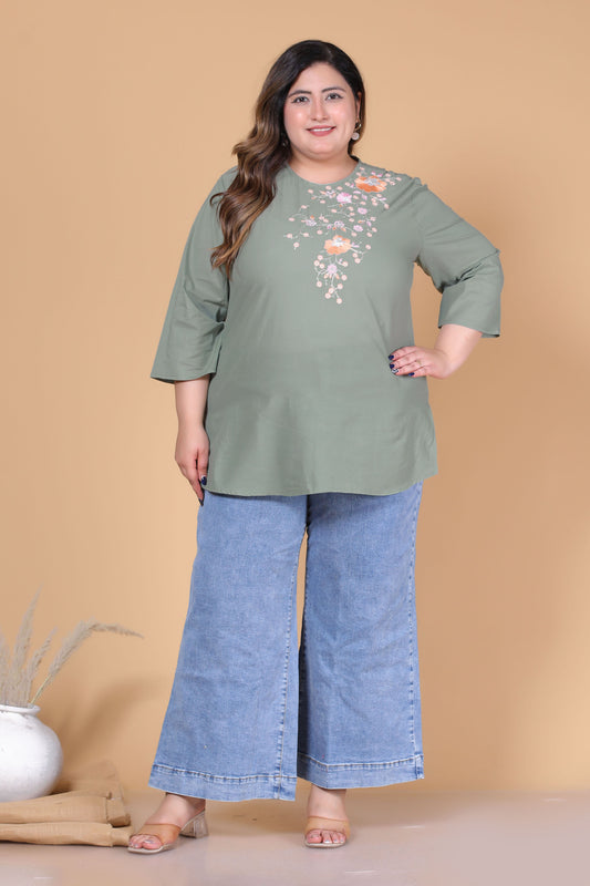 SOLID FLORAL COTTON TOP IN SAGE GREEN COLOUR BY PLUSSIZEKURTI