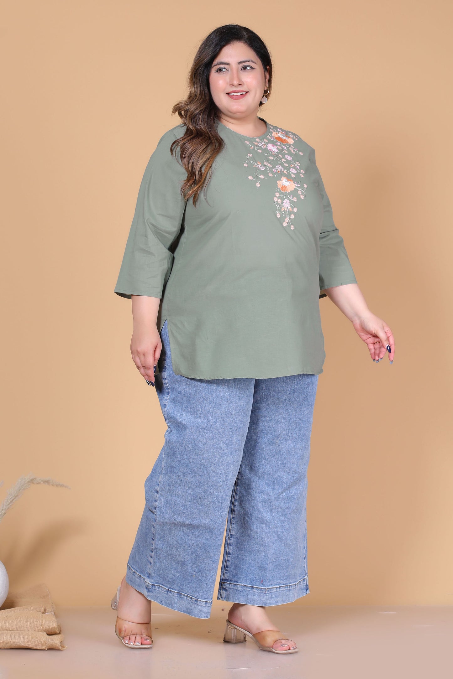 SOLID FLORAL COTTON TOP IN SAGE GREEN COLOUR BY PLUSSIZEKURTI