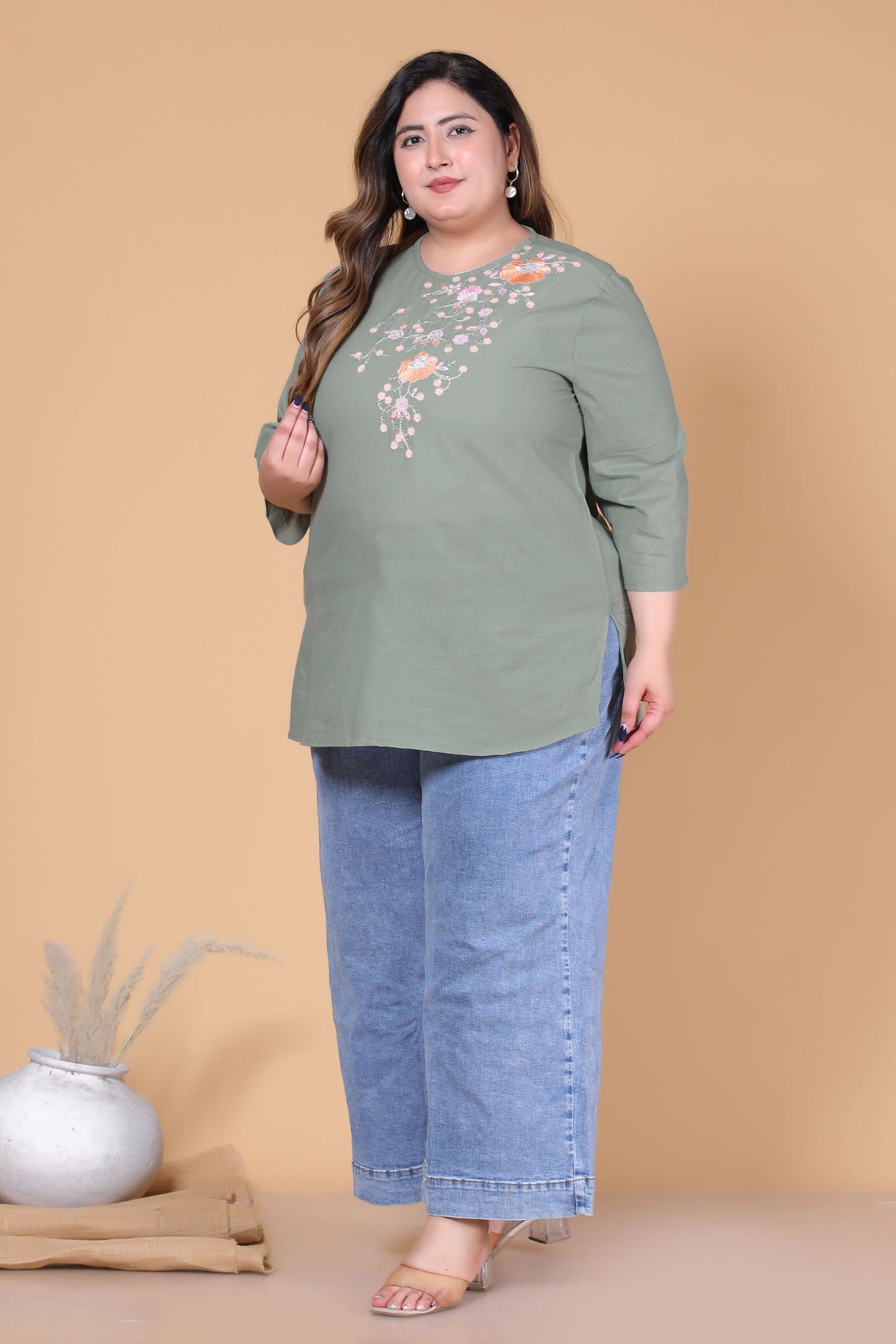 SOLID FLORAL COTTON TOP IN SAGE GREEN COLOUR BY PLUSSIZEKURTI