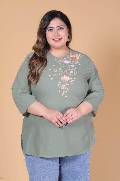 SOLID FLORAL COTTON TOP IN SAGE GREEN COLOUR BY PLUSSIZEKURTI