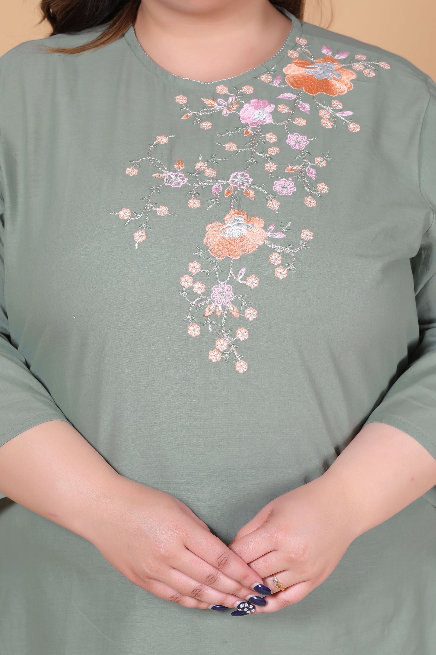 SOLID FLORAL COTTON TOP IN SAGE GREEN COLOUR BY PLUSSIZEKURTI