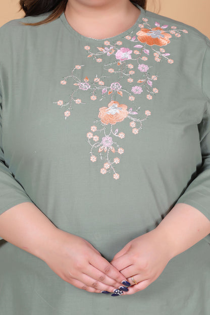 SOLID FLORAL COTTON TOP IN SAGE GREEN COLOUR BY PLUSSIZEKURTI