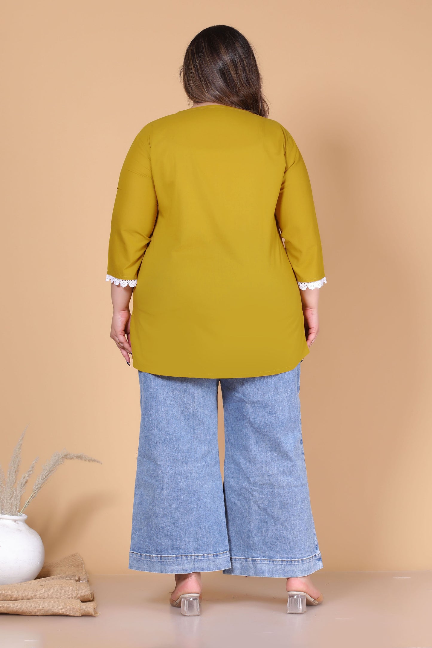 SOLID CHIKANKARI COTTON TOP IN MUSTARD COLOUR BY PLUSSIZEKURTI