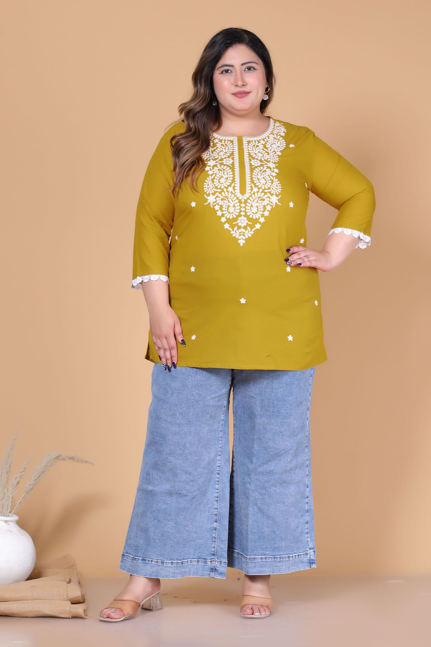 SOLID CHIKANKARI COTTON TOP IN MUSTARD COLOUR BY PLUSSIZEKURTI