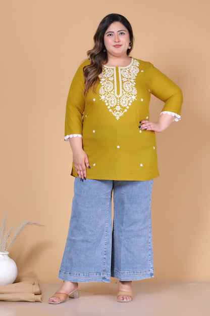 SOLID CHIKANKARI COTTON TOP IN MUSTARD COLOUR BY PLUSSIZEKURTI