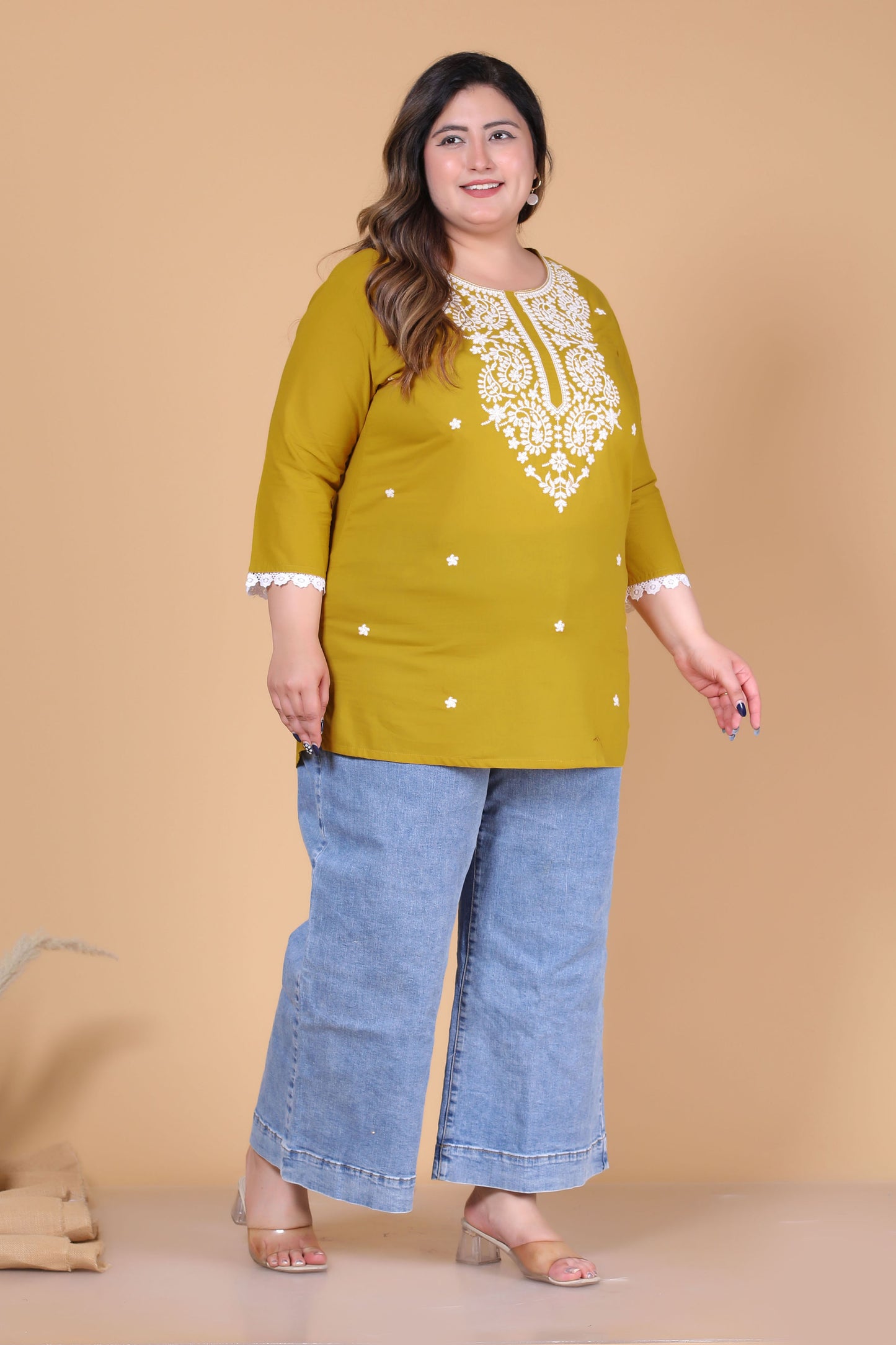 SOLID CHIKANKARI COTTON TOP IN MUSTARD COLOUR BY PLUSSIZEKURTI