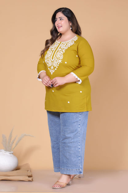 SOLID CHIKANKARI COTTON TOP IN MUSTARD COLOUR BY PLUSSIZEKURTI