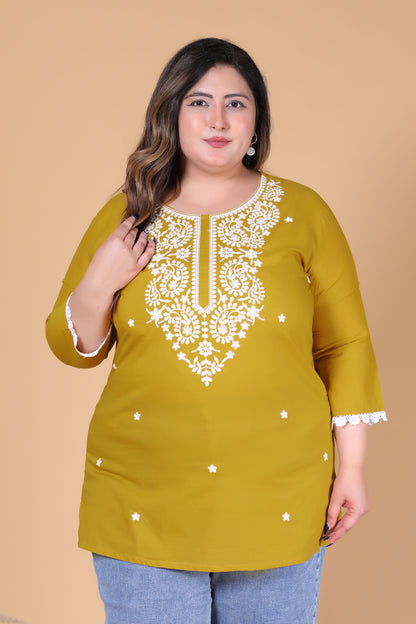 SOLID CHIKANKARI COTTON TOP IN MUSTARD COLOUR BY PLUSSIZEKURTI