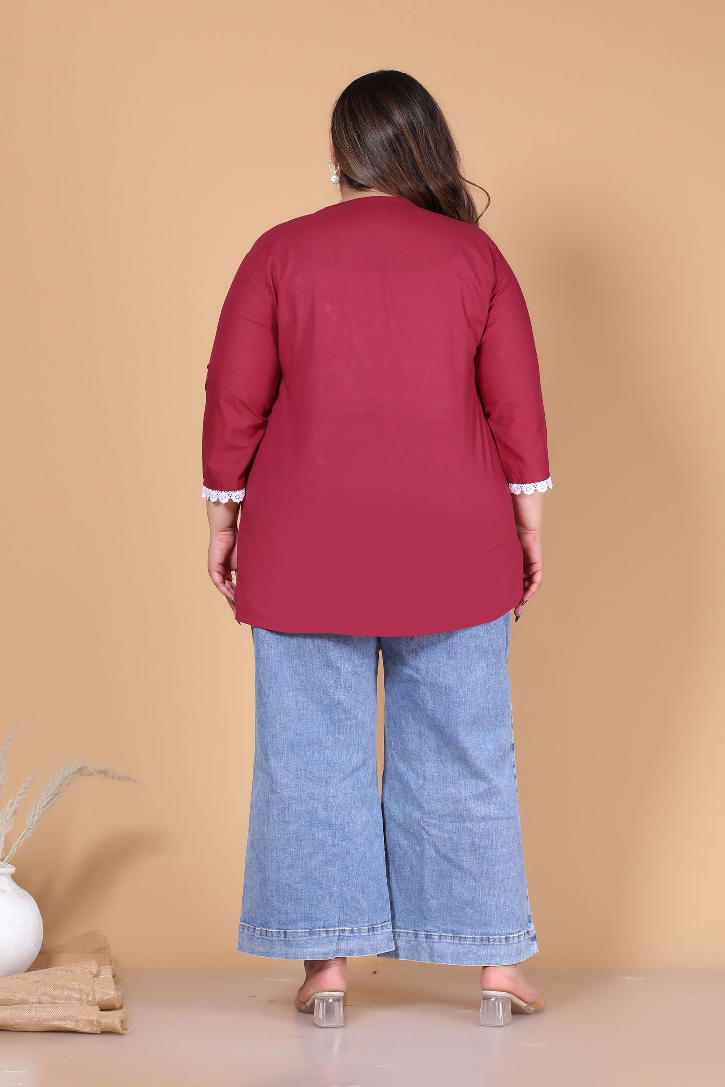 SOLID CHIKANKARI COTTON TOP IN MAHROON COLOUR BY PLUSSIZEKURTI