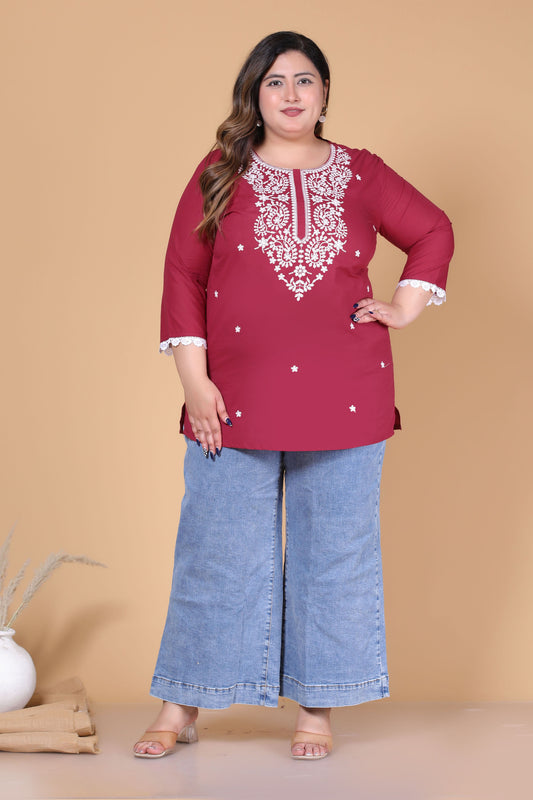 SOLID CHIKANKARI COTTON TOP IN MAHROON COLOUR BY PLUSSIZEKURTI