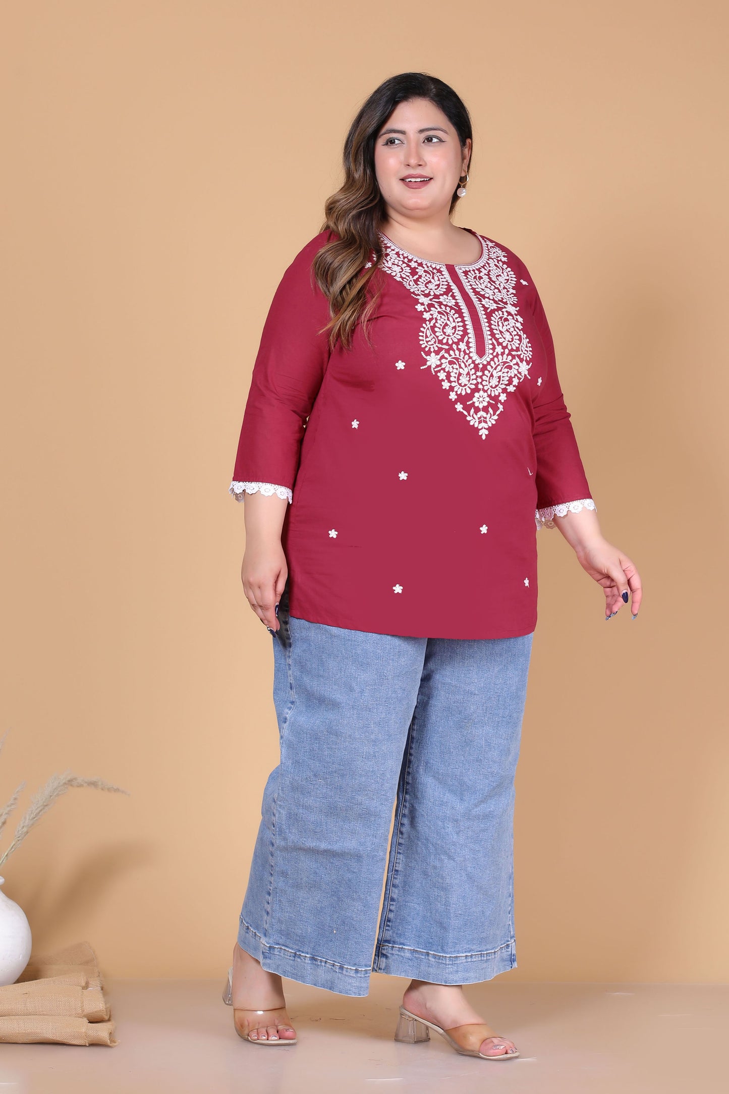 SOLID CHIKANKARI COTTON TOP IN MAHROON COLOUR BY PLUSSIZEKURTI