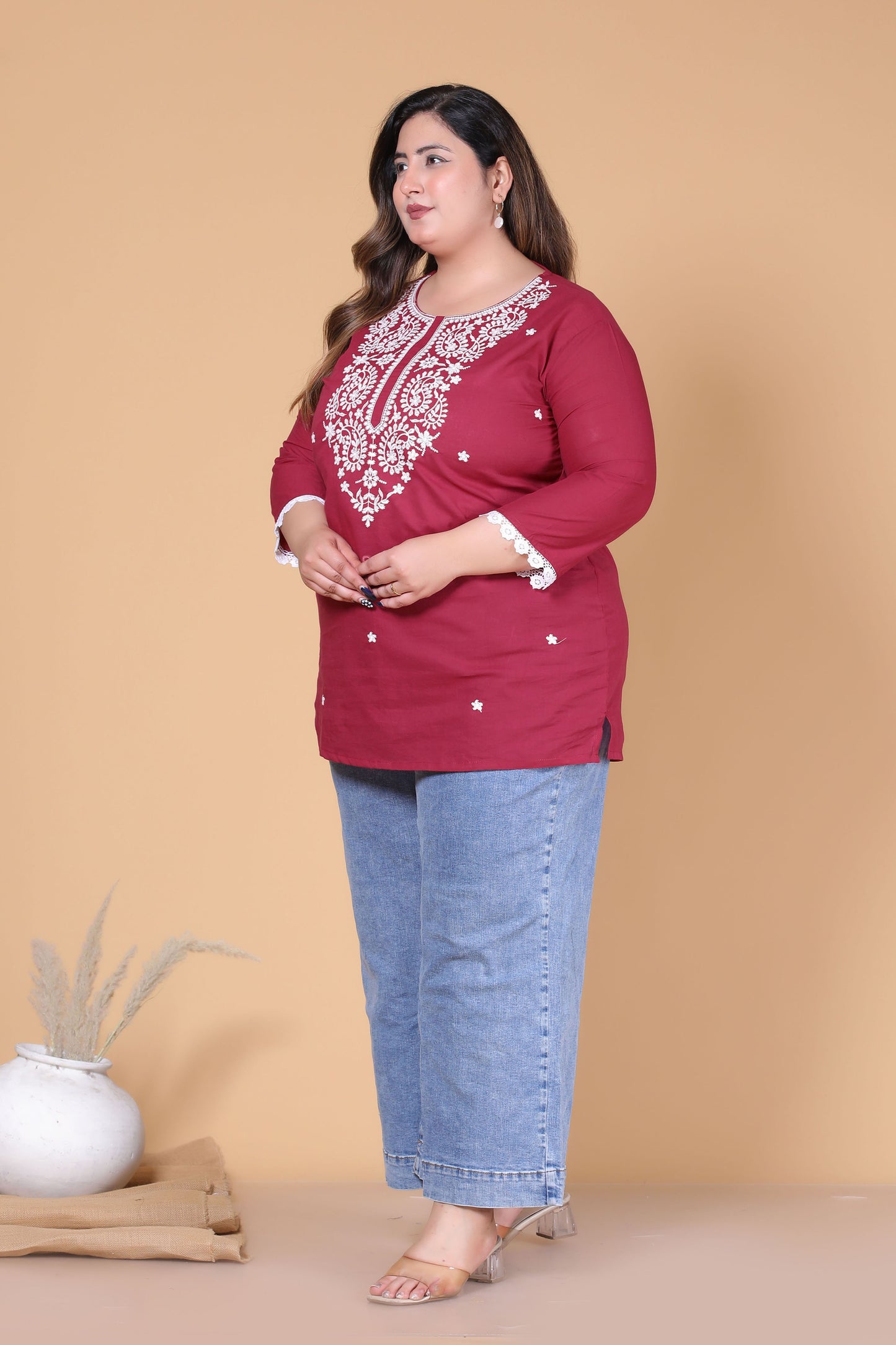 SOLID CHIKANKARI COTTON TOP IN MAHROON COLOUR BY PLUSSIZEKURTI