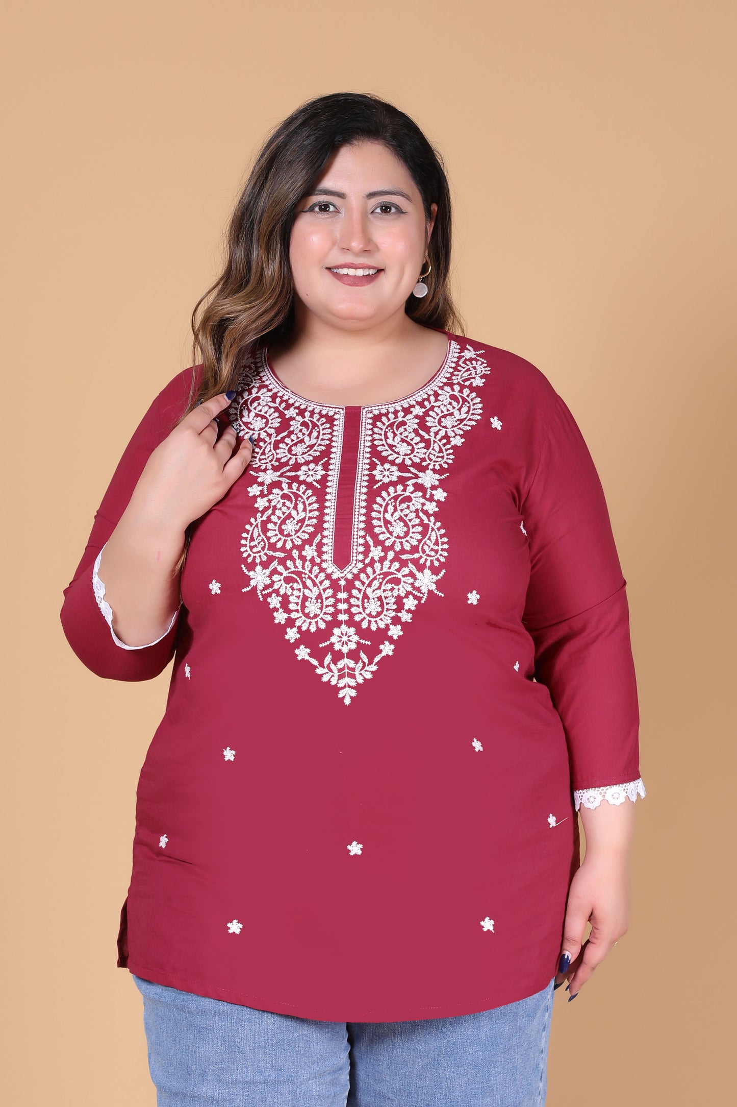 SOLID CHIKANKARI COTTON TOP IN MAHROON COLOUR BY PLUSSIZEKURTI
