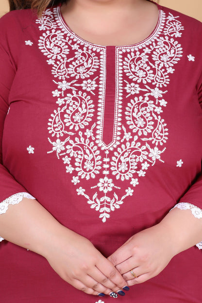 SOLID CHIKANKARI COTTON TOP IN MAHROON COLOUR BY PLUSSIZEKURTI