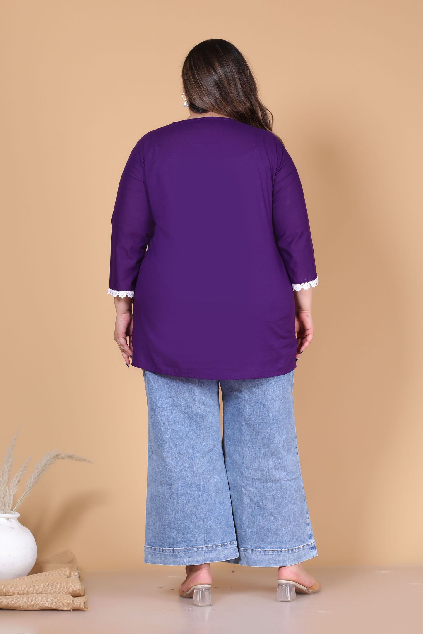 SOLID CHIKANKARI COTTON TOP IN PURPLE COLOUR BY PLUSSIZEKURTI