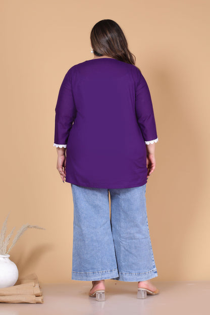SOLID CHIKANKARI COTTON TOP IN PURPLE COLOUR BY PLUSSIZEKURTI