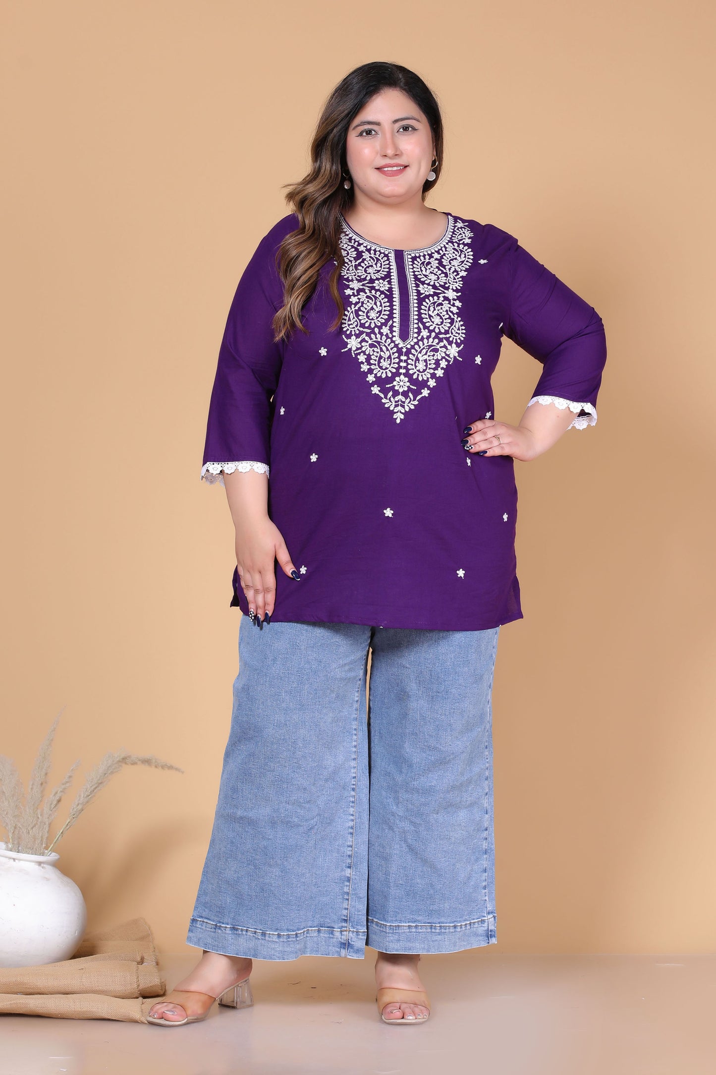 SOLID CHIKANKARI COTTON TOP IN PURPLE COLOUR BY PLUSSIZEKURTI