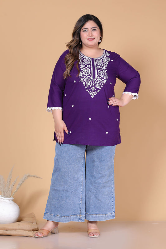 SOLID CHIKANKARI COTTON TOP IN PURPLE COLOUR BY PLUSSIZEKURTI