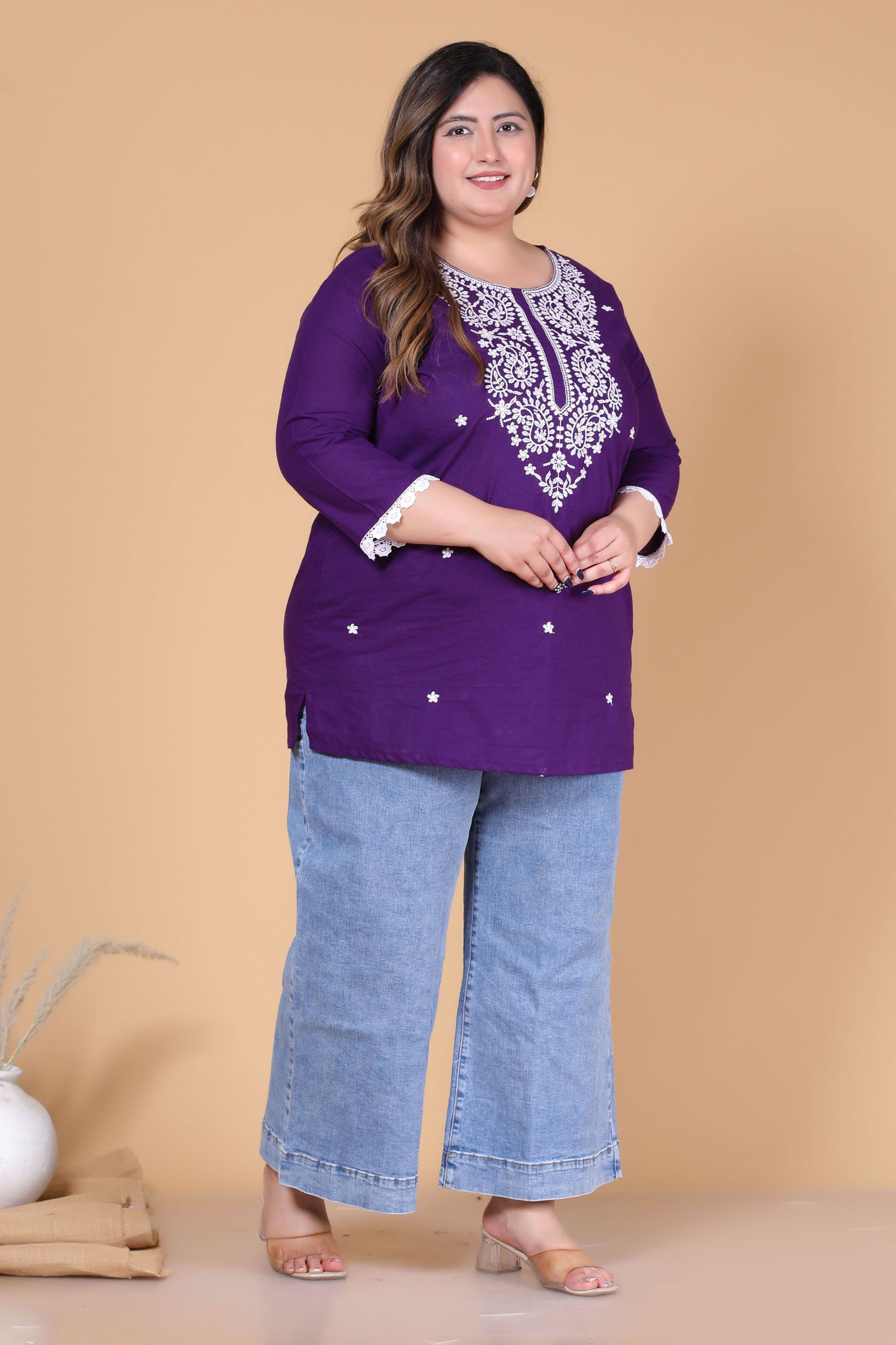 SOLID CHIKANKARI COTTON TOP IN PURPLE COLOUR BY PLUSSIZEKURTI