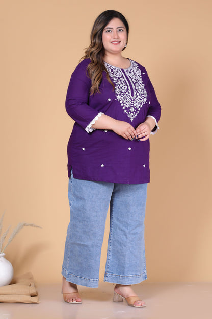 SOLID CHIKANKARI COTTON TOP IN PURPLE COLOUR BY PLUSSIZEKURTI