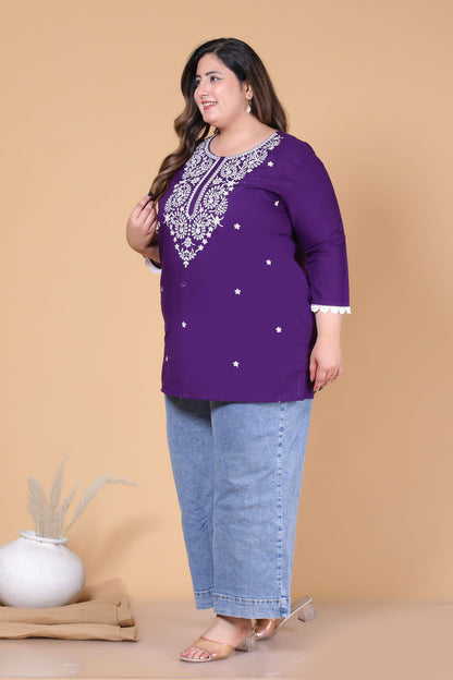 SOLID CHIKANKARI COTTON TOP IN PURPLE COLOUR BY PLUSSIZEKURTI