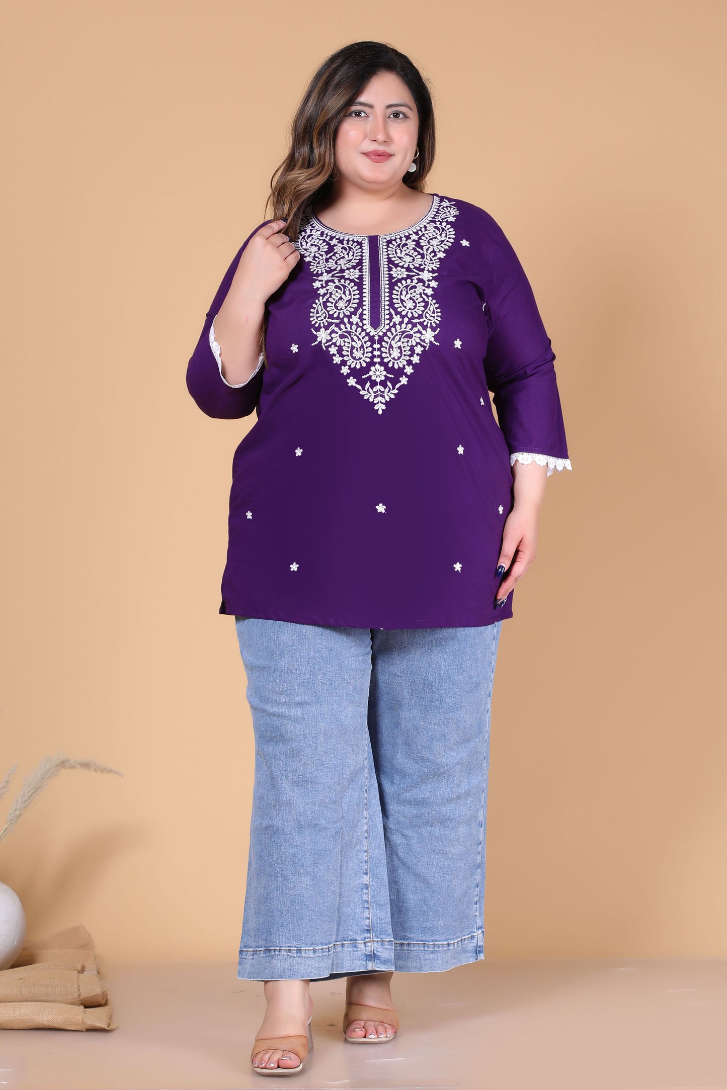 SOLID CHIKANKARI COTTON TOP IN PURPLE COLOUR BY PLUSSIZEKURTI