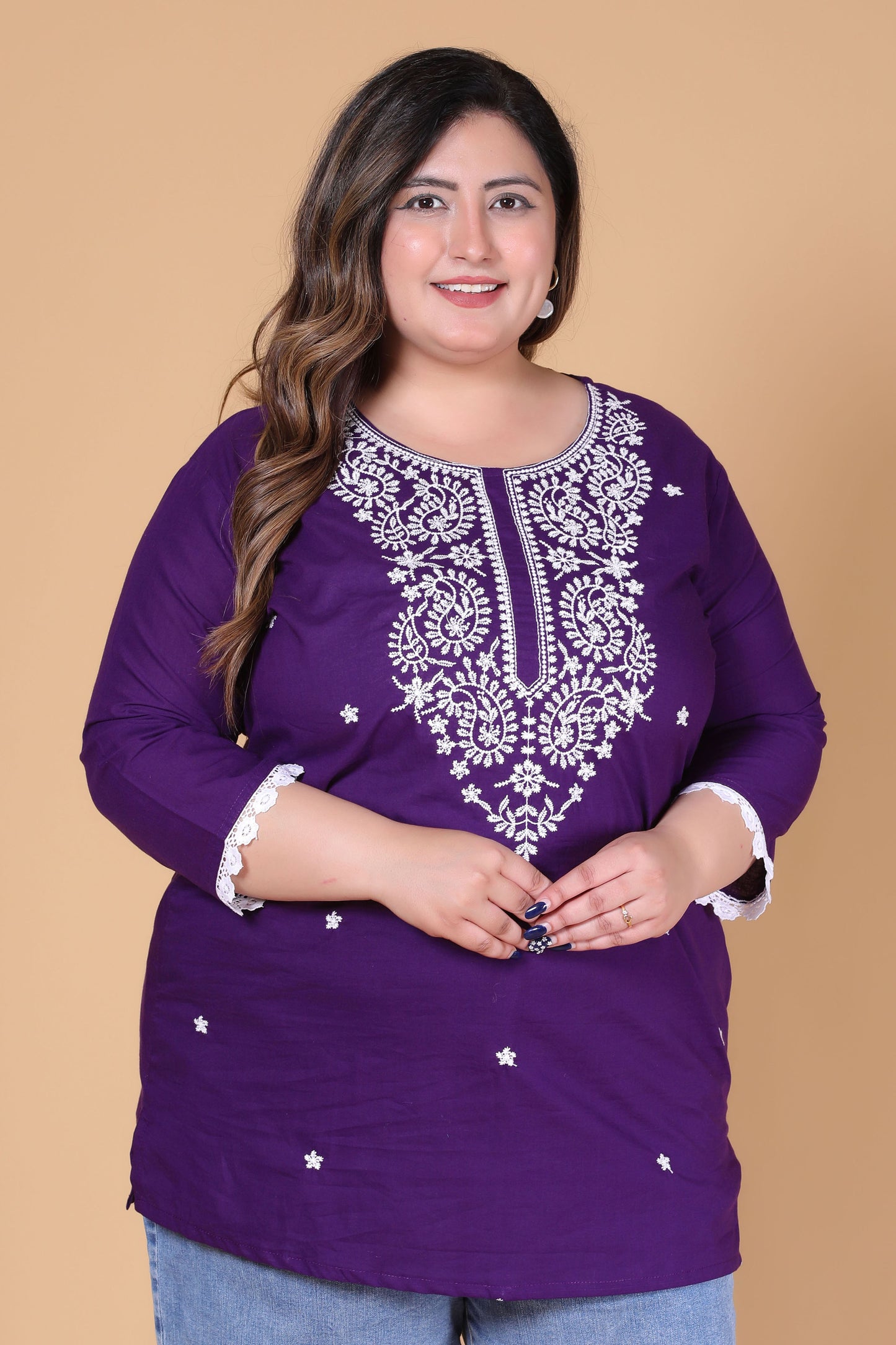 SOLID CHIKANKARI COTTON TOP IN PURPLE COLOUR BY PLUSSIZEKURTI