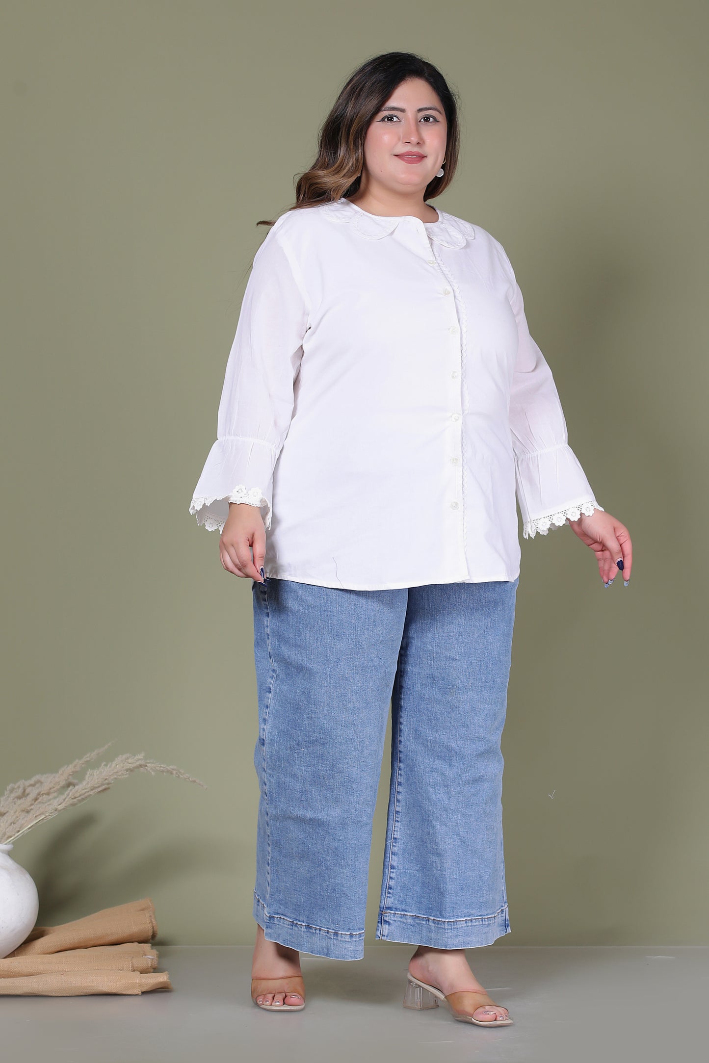 SOLID PETERPAN COTTON SHIRT TOP IN WHITE COLOUR BY PLUSSIZEKURTI