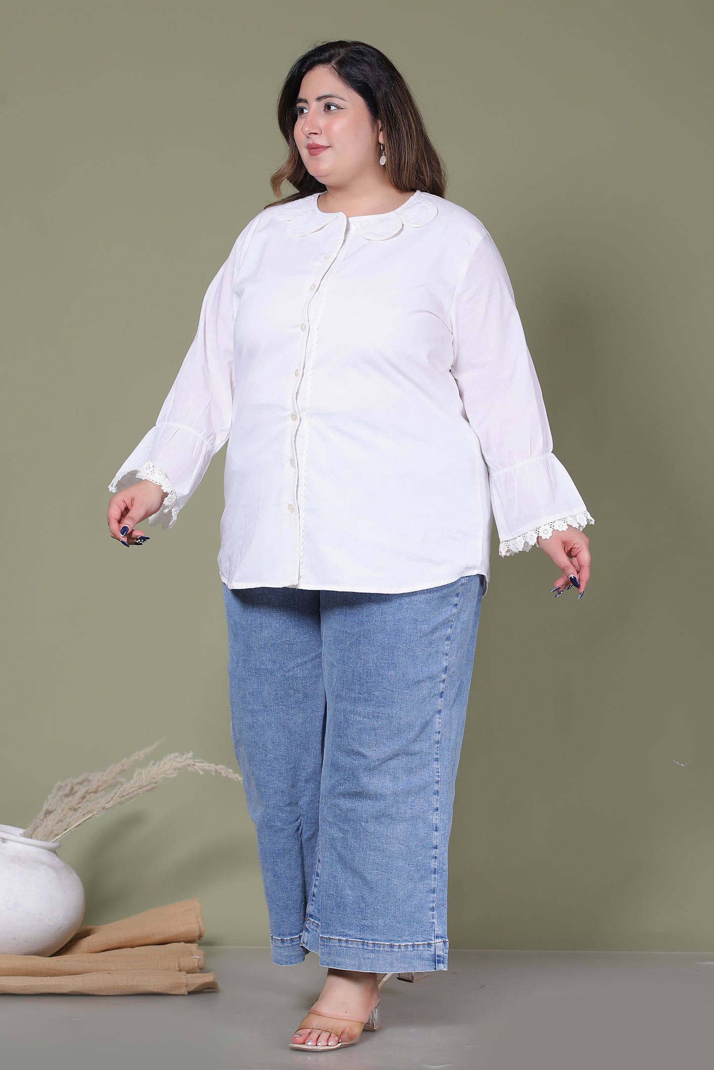 SOLID PETERPAN COTTON SHIRT TOP IN WHITE COLOUR BY PLUSSIZEKURTI