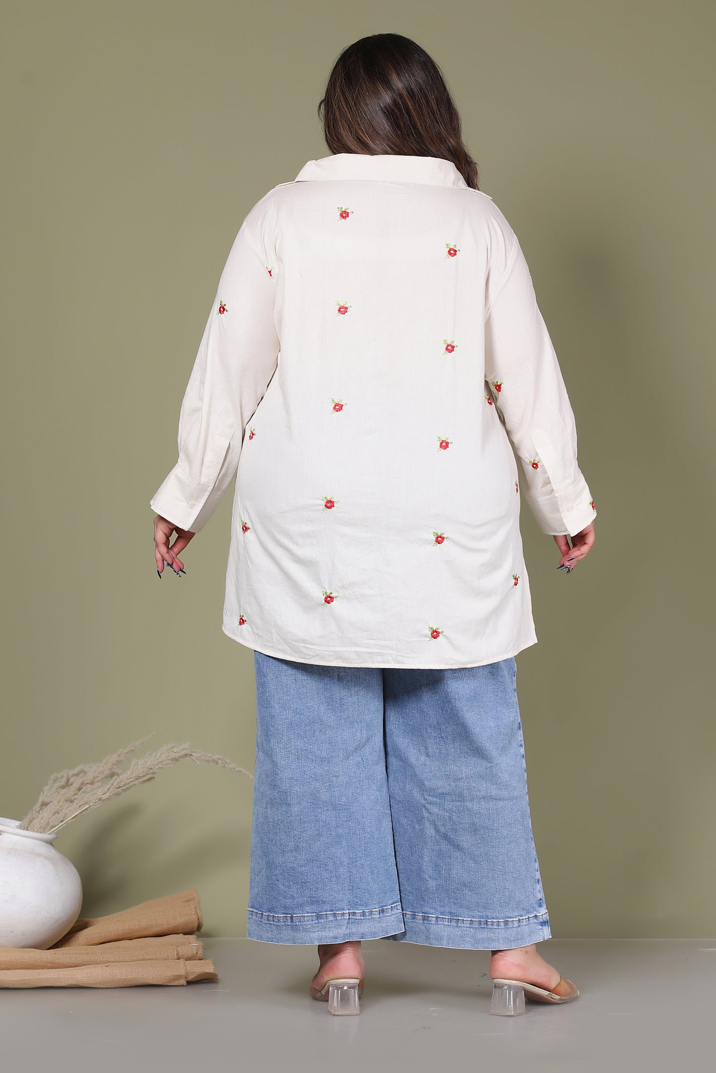 SOLID FLORAL EMBROIDERY BUTTI COTTON FLEX SHIRT IN CREAM COLOUR BY PLUSSIZEKURTI