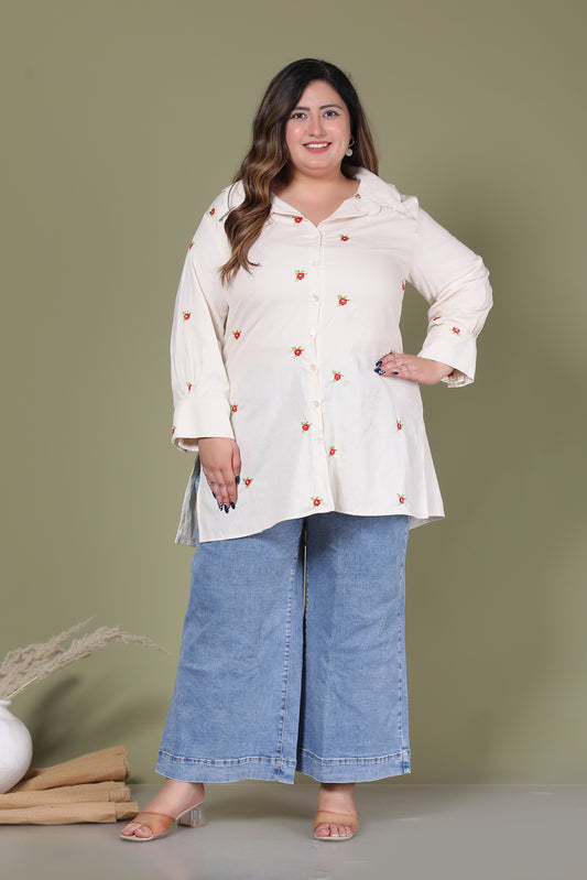 SOLID FLORAL EMBROIDERY BUTTI COTTON FLEX SHIRT IN CREAM COLOUR BY PLUSSIZEKURTI