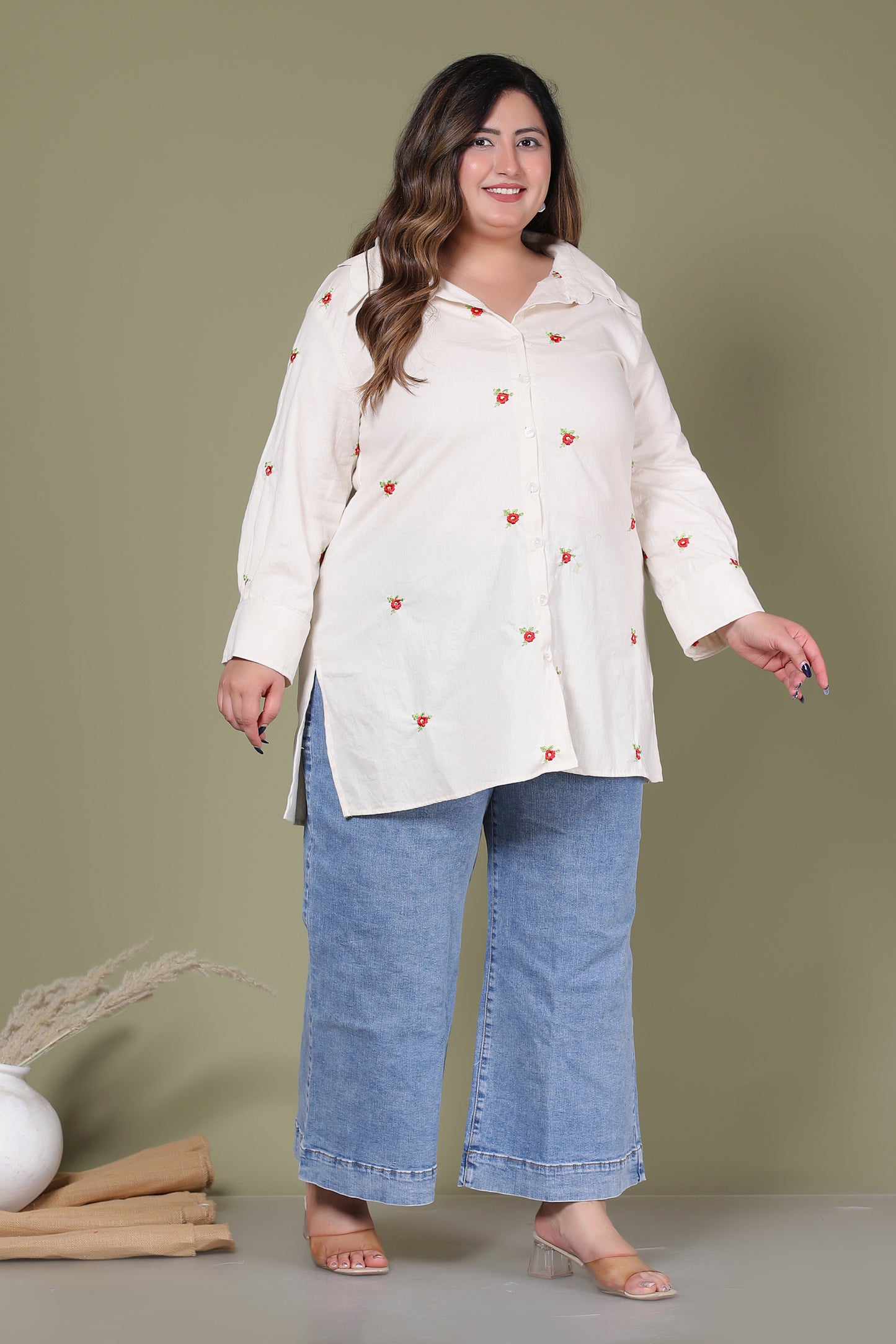 SOLID FLORAL EMBROIDERY BUTTI COTTON FLEX SHIRT IN CREAM COLOUR BY PLUSSIZEKURTI