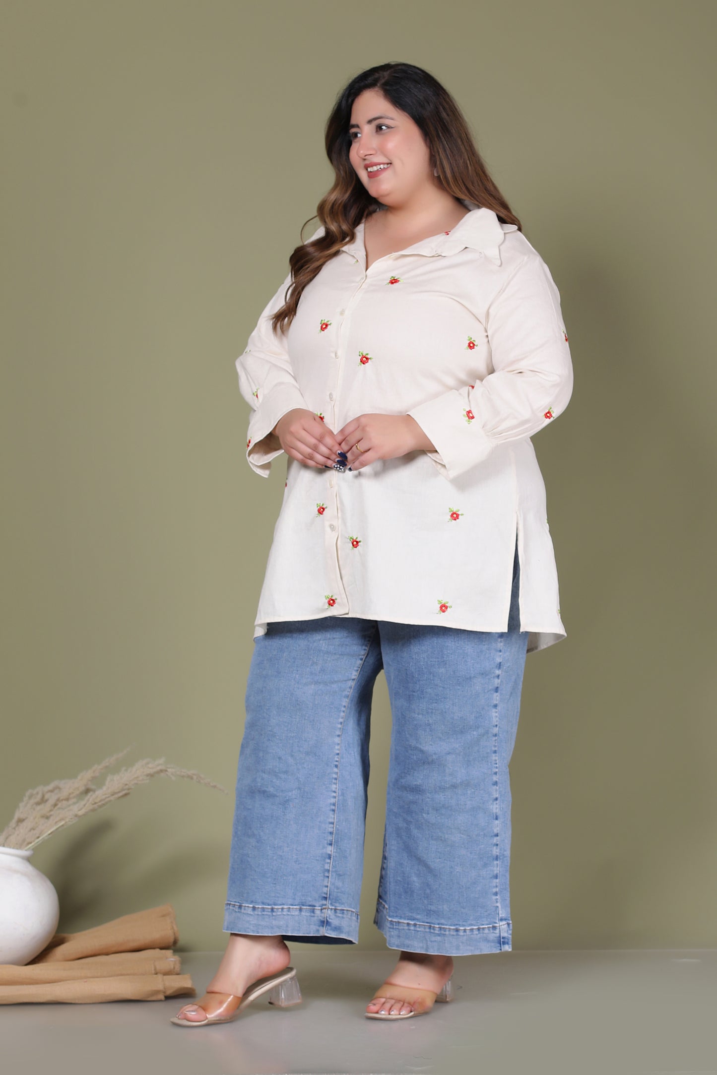 SOLID FLORAL EMBROIDERY BUTTI COTTON FLEX SHIRT IN CREAM COLOUR BY PLUSSIZEKURTI