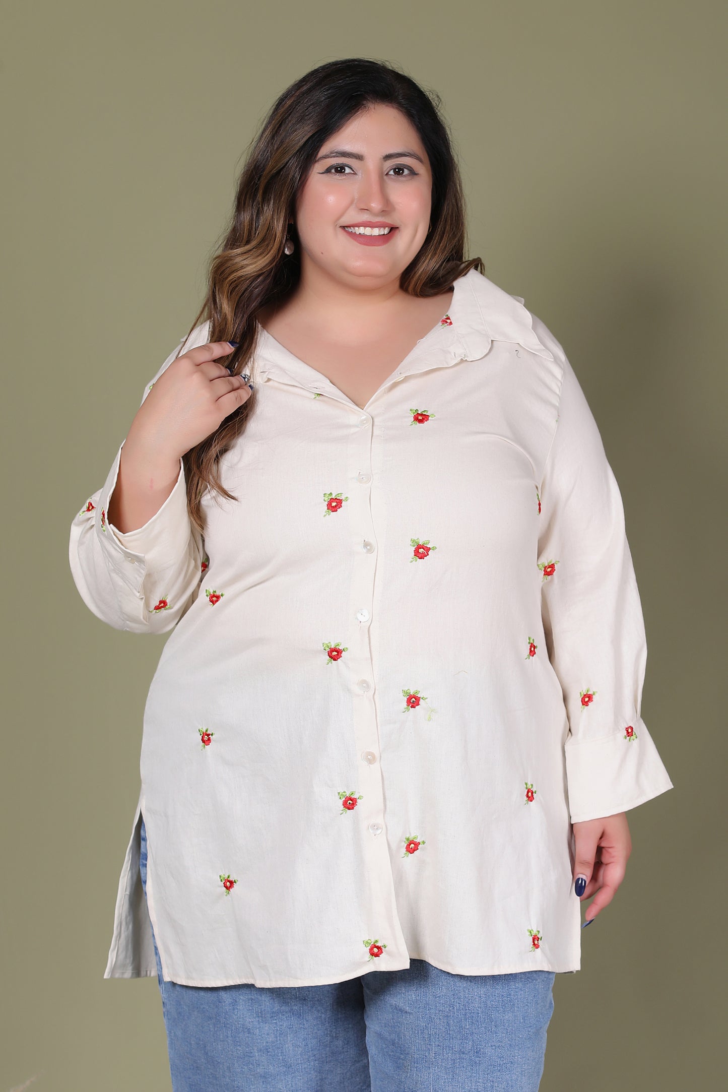 SOLID FLORAL EMBROIDERY BUTTI COTTON FLEX SHIRT IN CREAM COLOUR BY PLUSSIZEKURTI