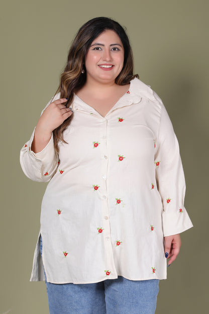 SOLID FLORAL EMBROIDERY BUTTI COTTON FLEX SHIRT IN CREAM COLOUR BY PLUSSIZEKURTI