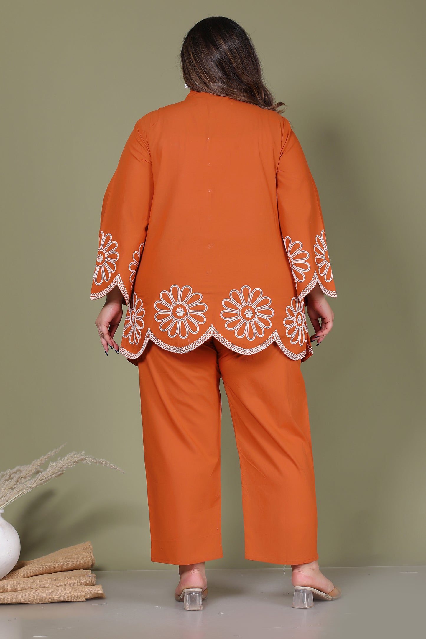 SOLID FLORAL EMBROIDERY COTTON CO-ORD SET IN RUST ORANGE BY PLUSSIZEKURTI