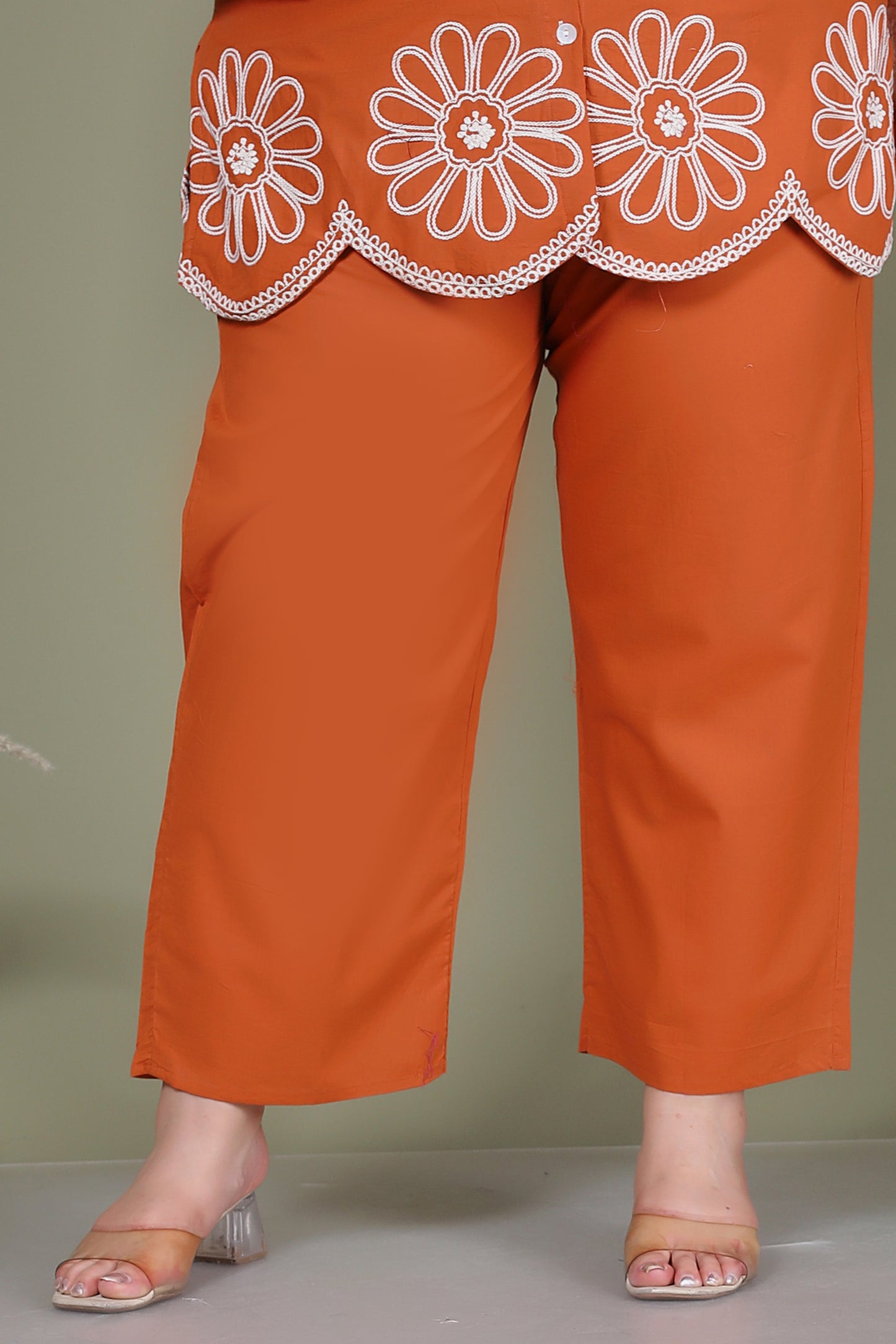 SOLID FLORAL EMBROIDERY COTTON CO-ORD SET IN RUST ORANGE BY PLUSSIZEKURTI