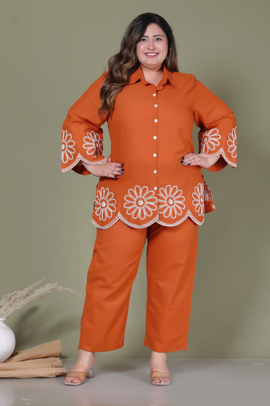 SOLID FLORAL EMBROIDERY COTTON CO-ORD SET IN RUST ORANGE BY PLUSSIZEKURTI