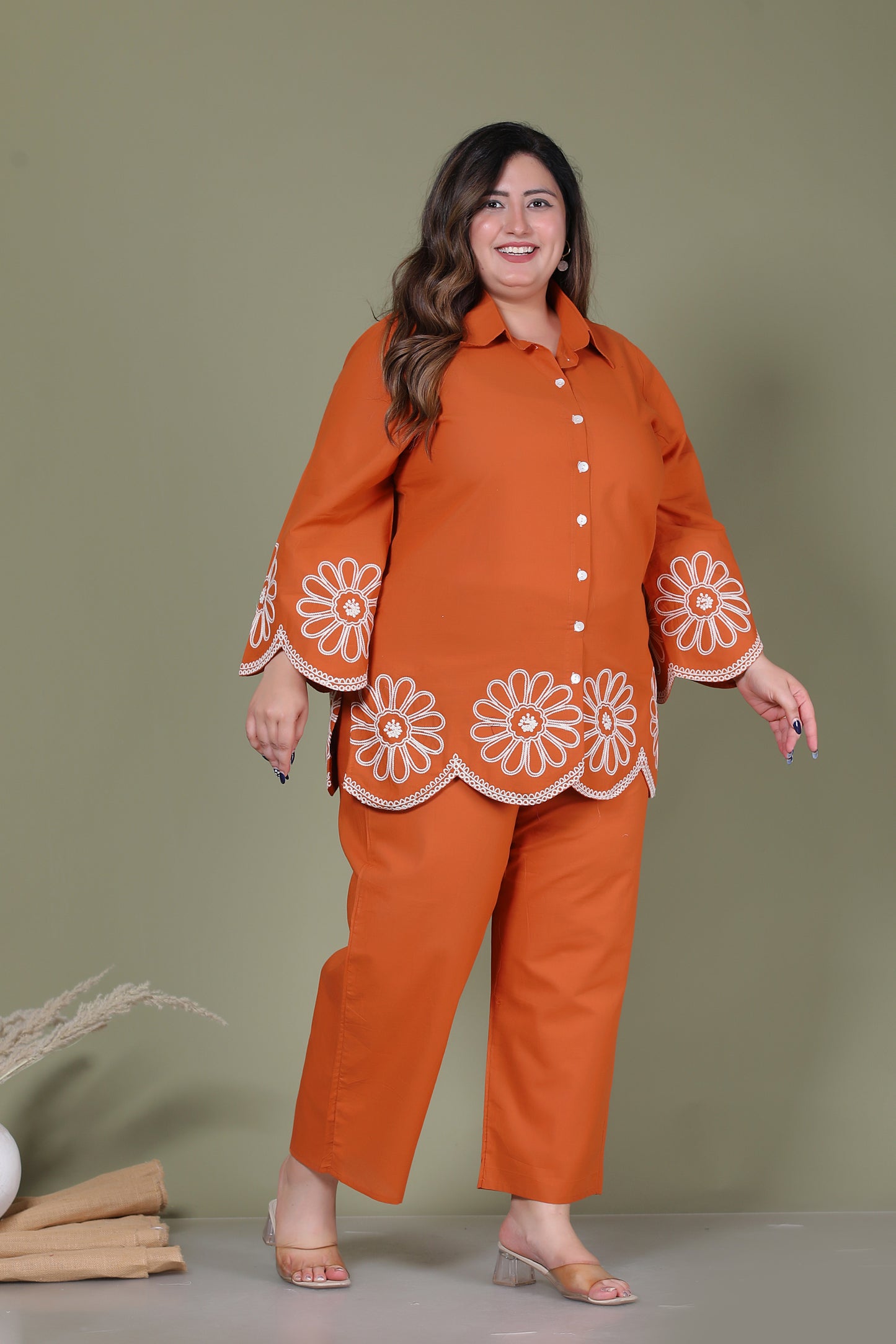 SOLID FLORAL EMBROIDERY COTTON CO-ORD SET IN RUST ORANGE BY PLUSSIZEKURTI