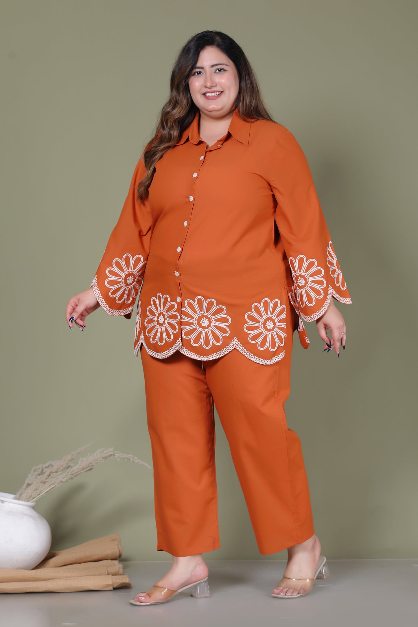 SOLID FLORAL EMBROIDERY COTTON CO-ORD SET IN RUST ORANGE BY PLUSSIZEKURTI