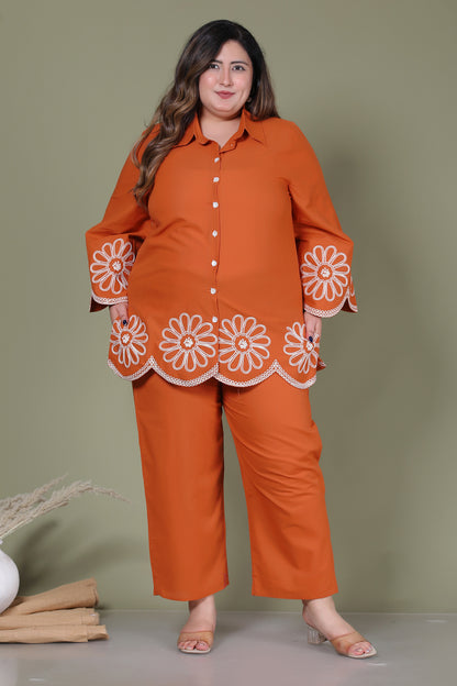 SOLID FLORAL EMBROIDERY COTTON CO-ORD SET IN RUST ORANGE BY PLUSSIZEKURTI