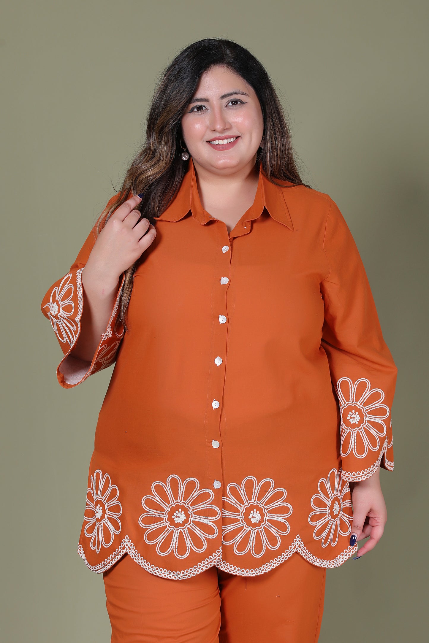 SOLID FLORAL EMBROIDERY COTTON CO-ORD SET IN RUST ORANGE BY PLUSSIZEKURTI
