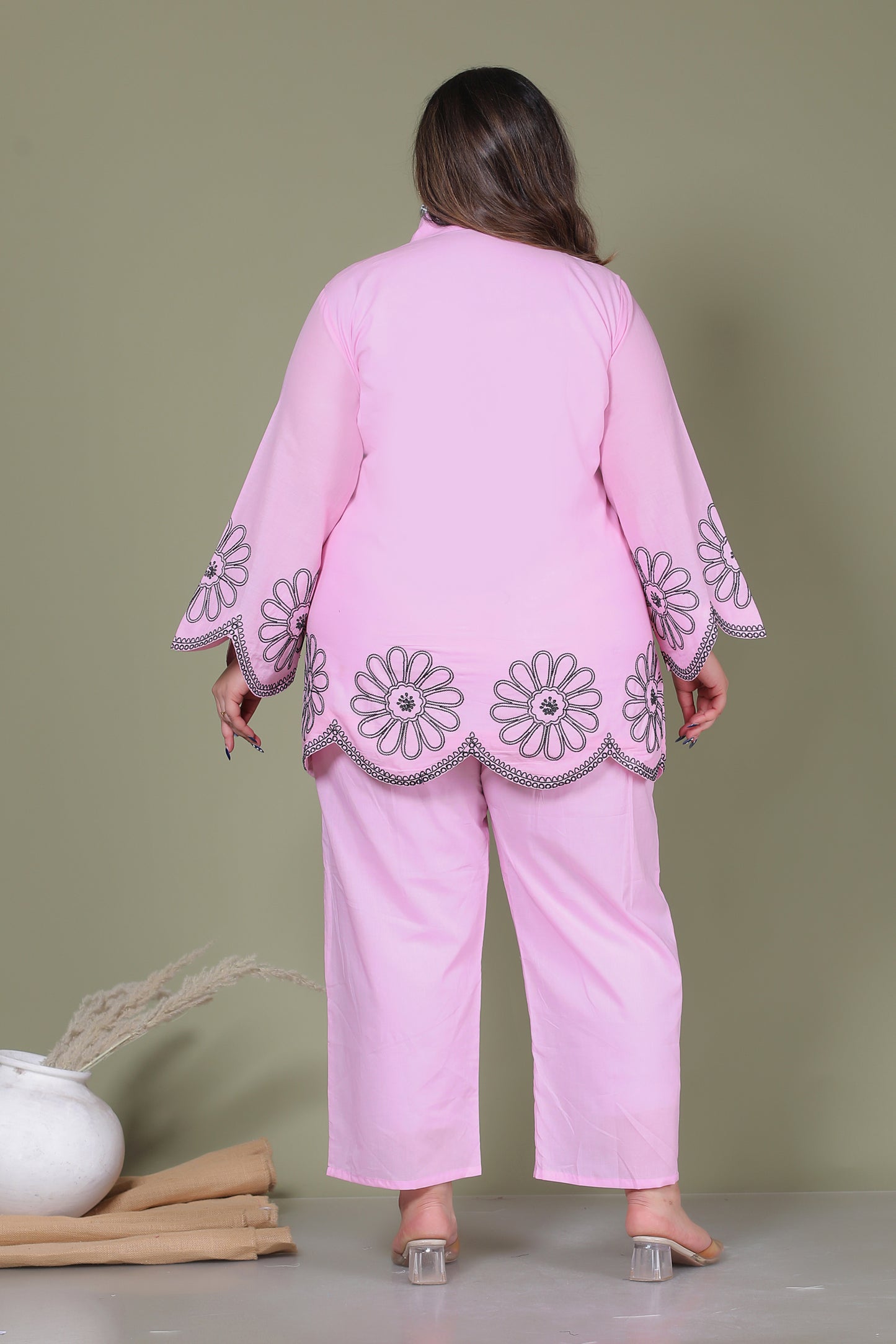 SOLID FLORAL EMBROIDERY COTTON CO-ORD SET IN BABY PINK BY PLUSSIZEKURTI