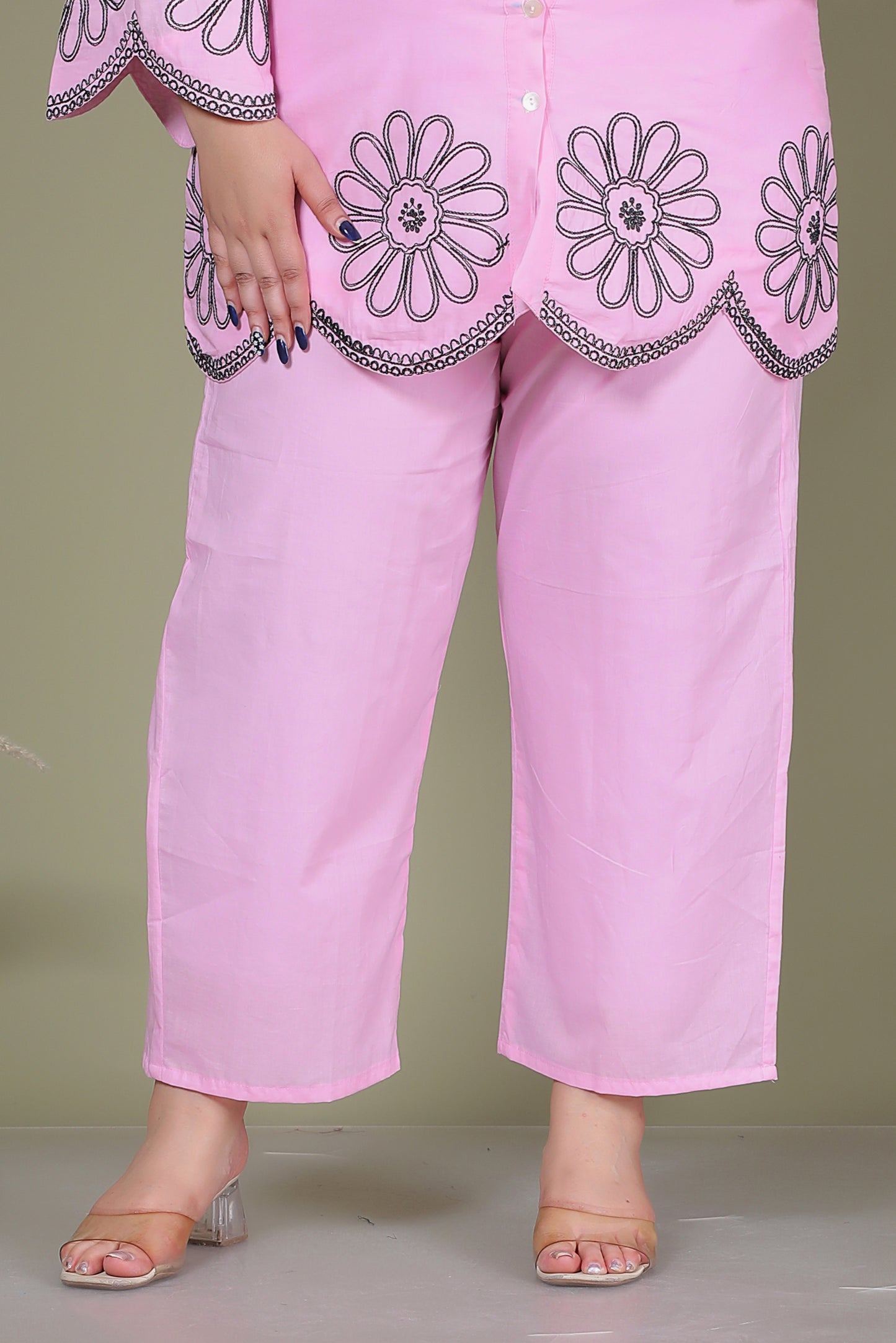 SOLID FLORAL EMBROIDERY COTTON CO-ORD SET IN BABY PINK BY PLUSSIZEKURTI