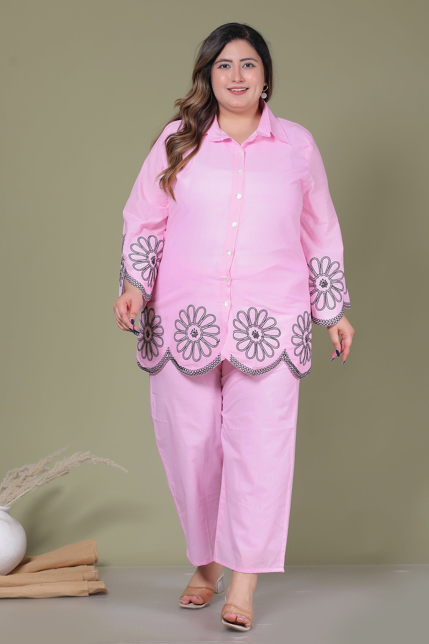 SOLID FLORAL EMBROIDERY COTTON CO-ORD SET IN BABY PINK BY PLUSSIZEKURTI