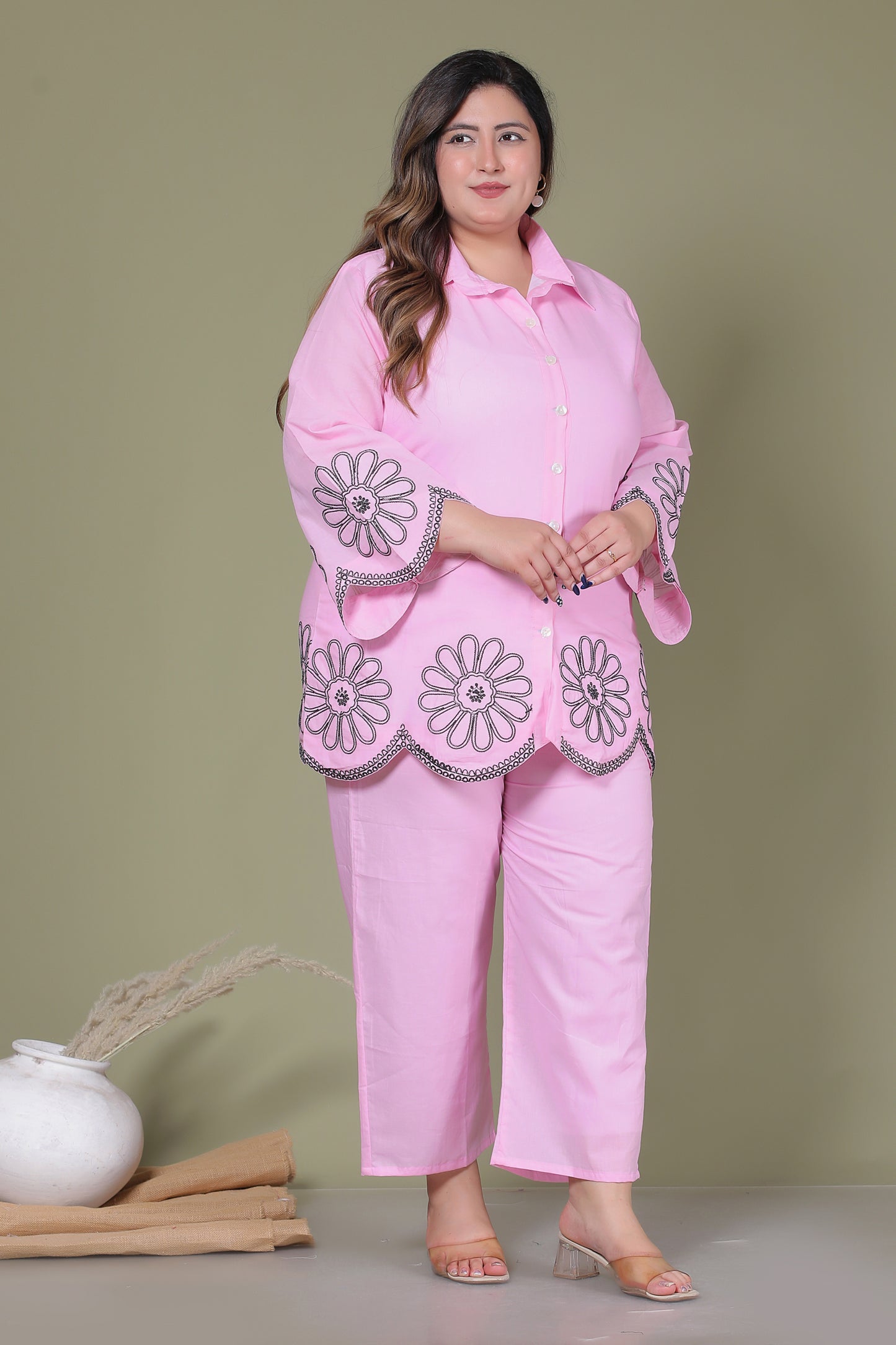 SOLID FLORAL EMBROIDERY COTTON CO-ORD SET IN BABY PINK BY PLUSSIZEKURTI