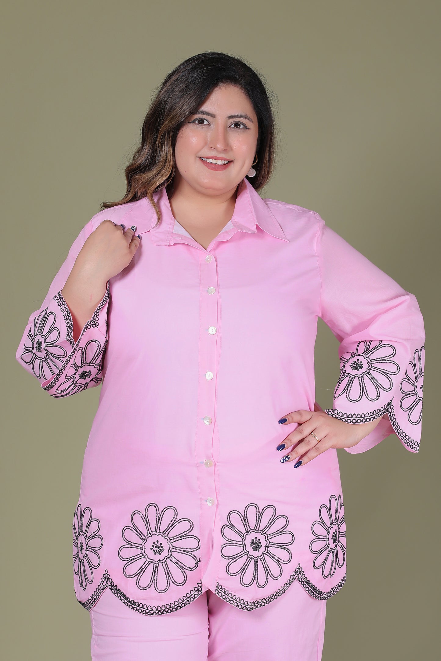 SOLID FLORAL EMBROIDERY COTTON CO-ORD SET IN BABY PINK BY PLUSSIZEKURTI